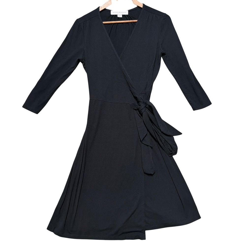 Lesley‎ Evers Wrap Dress Womens Extra Small Black Long Sleeve V-Neck Knee Length